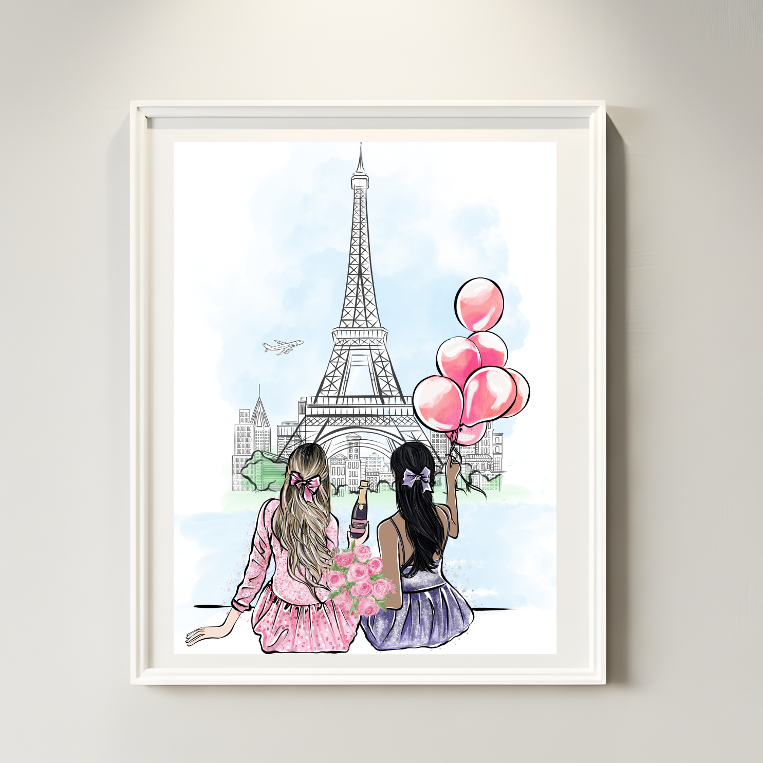 Paris friends fashion illustration printable wall art girls trip Paris decor