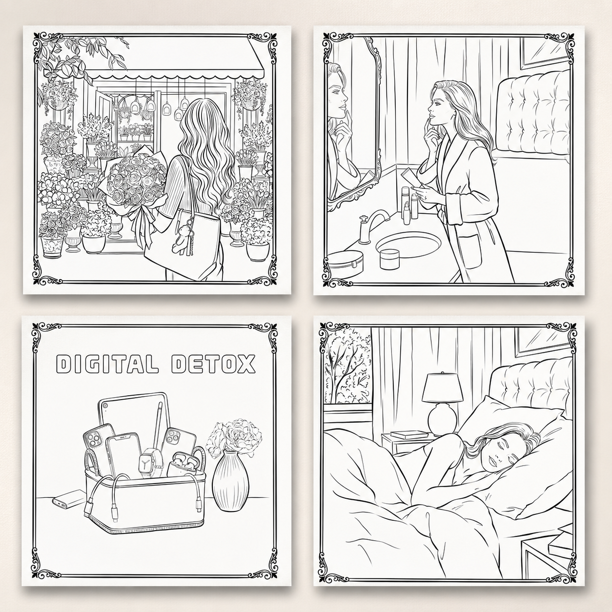 Self Love Coloring Book with elegant fashion illustrations for relaxation and mindfulness.