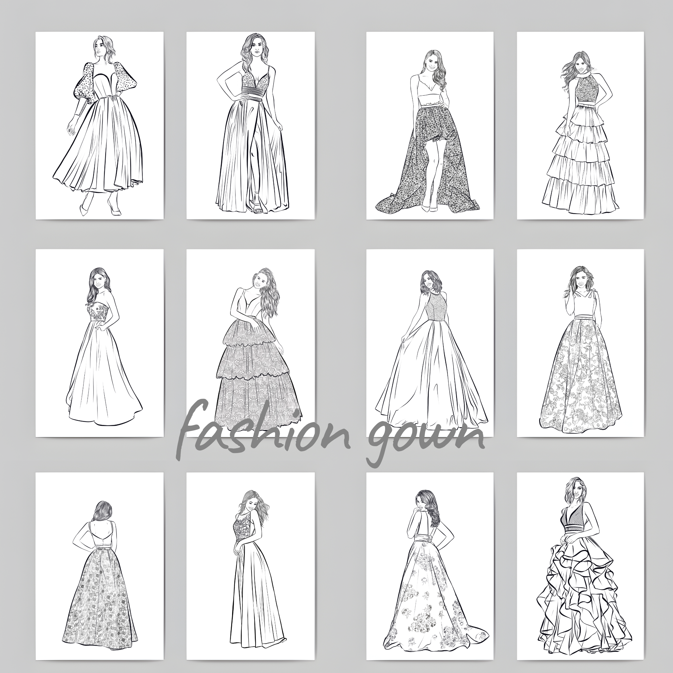 Premium Fashion Gown Coloring Book | Elegant Dress Coloring Pages A4 PDF | Digital Download