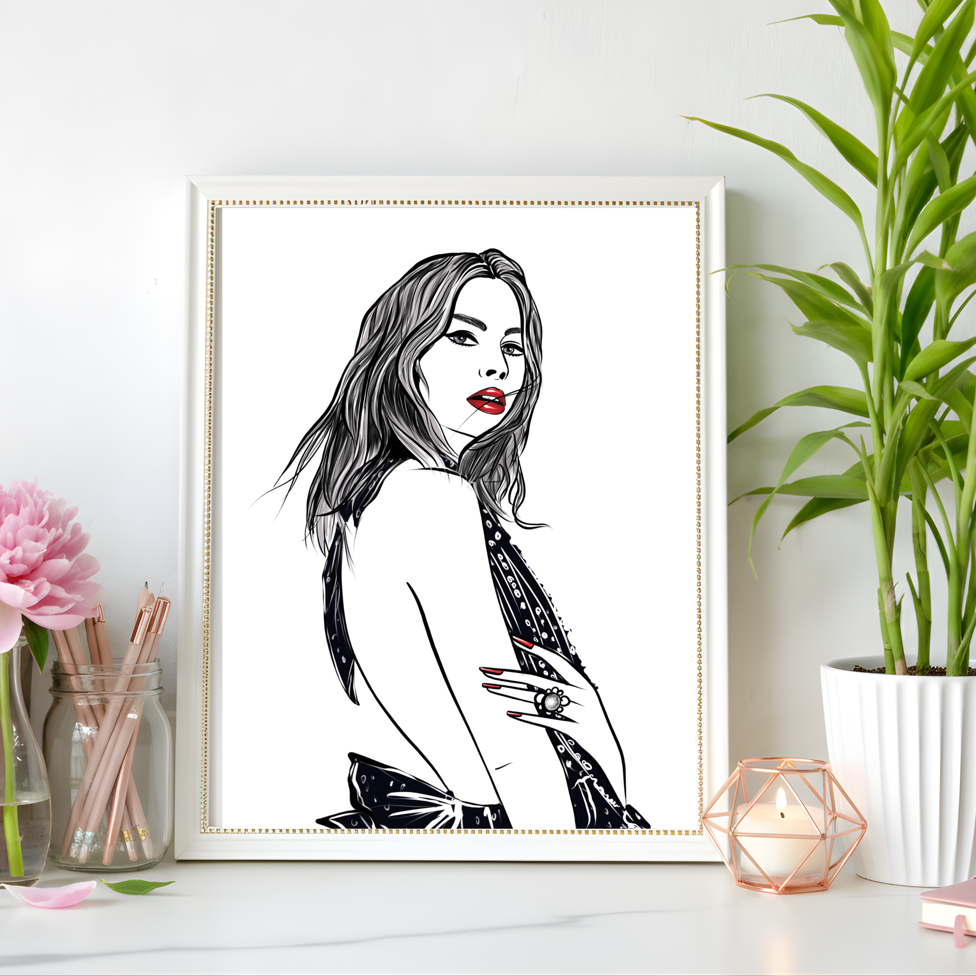 Stylish Fashion Woman in Black – Digital Wall Art Print