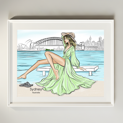 Sydney Fashion Illustration Print | Coastal Elegance Travel Art (8x10 Digital Download)