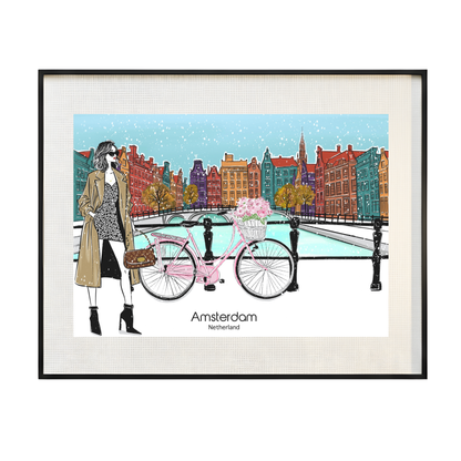 Amsterdam Canal Fashion Illustration Print | Chic European Travel Art (Digital Download)