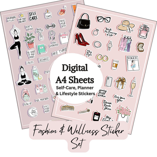 Wellness and Luxury Fashion  Digital Sticker Collection | Fashion (34 Stickers) + Wellness (44 Stickers) | Printable A4 Set