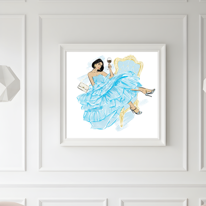 Elegant Woman Fashion Art Print | Woman with Wine Illustration (Digital Download)