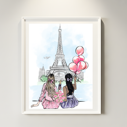 Paris friends fashion illustration printable wall art girls trip Paris decor
