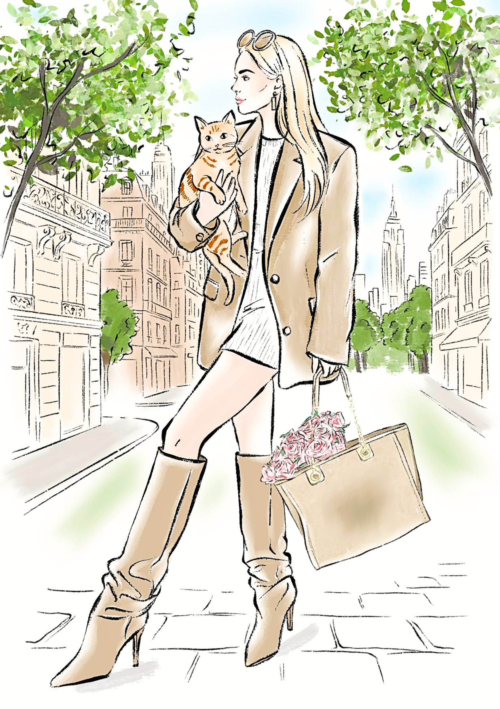 City Stroll with Cat – Fashion Wall Art Print