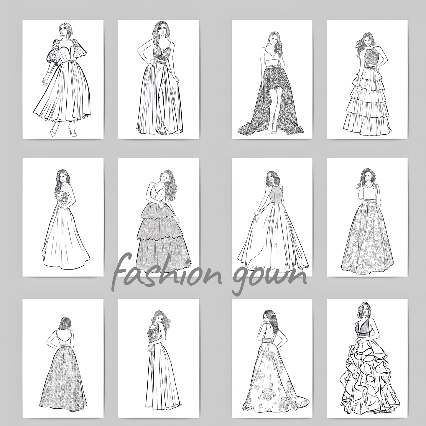 Premium Fashion Gown Coloring Book | Elegant Dress Coloring Pages A4 PDF  | Digital Download