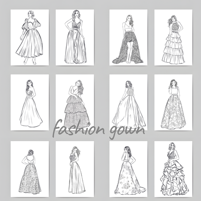Premium Fashion Gown Coloring Book | Elegant Dress Coloring Pages A4 PDF  | Digital Download