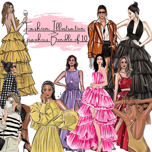 Elegant Fashion Girl Illustrations – 10 PNG Digital Bundle